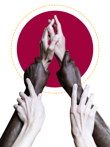 Hands of different people reaching toward each other over a red circle